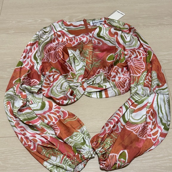 Andrea Iyamah Long Sleeve Coral and Olive Patterned Blouse NEW - Picture 2 of 9